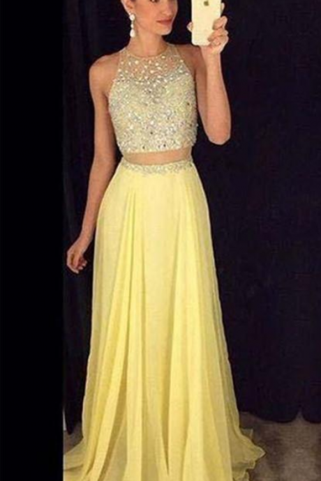 Yellow Two Pieces Prom Dresses Jewel Neck Peach Chiffon Long Crystal Beads Sheer Back Zipper Party Dress Evening Gowns