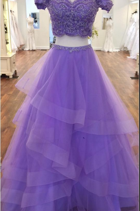 Off Shoulder Appliques Prom Dress, Sexy Two Piece Prom Dresses, Tulle Evening Dress,,off The Shoulder Two Piece Top Lace Purple Tulle Prom Party
