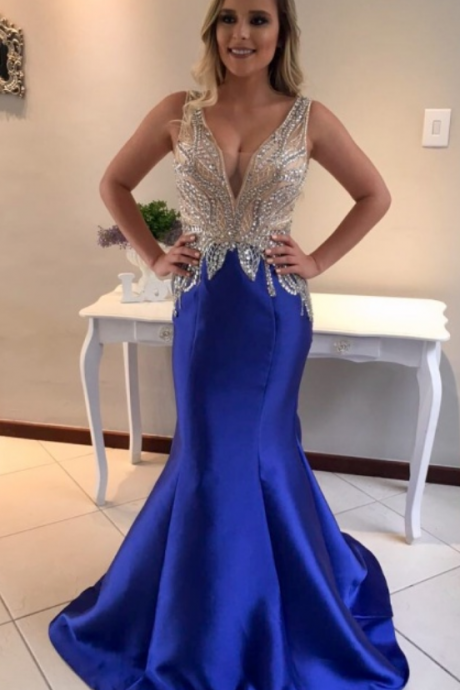 Royal Blue,prom Dress,mermaid Evening Dresses,sexy Beading Party Dresses ,women Gowns,women Fashion,fashion Dresses,fashion Prom
