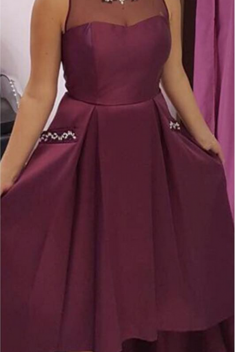 High Low Party Dresses Evening Satin Tulle Jewel Sheer Cap Sleeve Pearls Prom Dresses Burgundy Formal Gowns