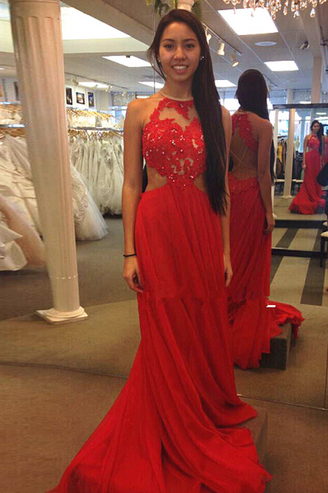 Red Lace And Applique Long Chiffon Prom Dress Beading Bodice Gown With Open Back