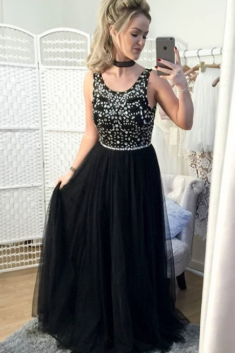 Long Black Prom Dresses,beaded Party Dress Long,evening Formal Gowns For Teens,long Prom Dresses