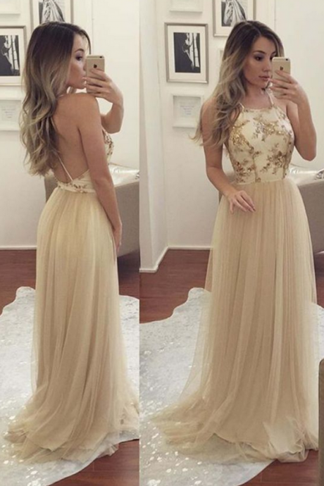 Beautiful Creamy Lace Tulle Prom Dress, Ball Gown, Backless Formal Dress For Prom
