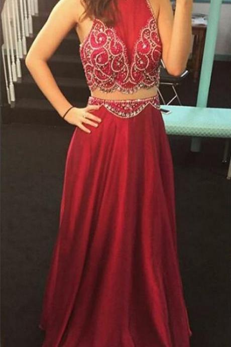 Beaded Pattern Prom Dress, Two Piece Prom Dress, Long Evening Gown