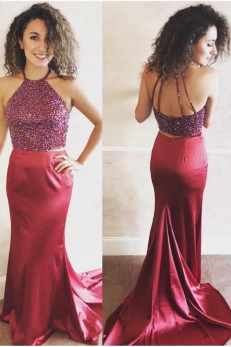 Wine Red Sexy Sleeveless Ball Gown, Mermaid Party Dress.
