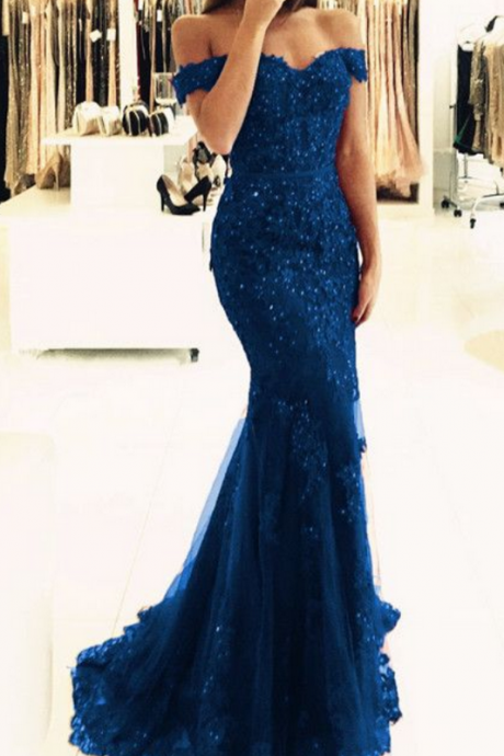 Elegant Navy Blue Lace Prom Dresses Off The Shoulder Mermaid Evening Gowns Pearl Beaded