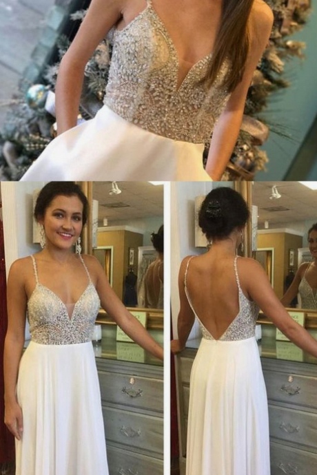 Straps Backless Long Prom Dresses, With Beaded Evening Dresses