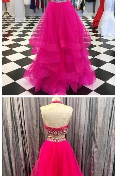 Beaded Halter Tulle Two Piece Prom Dresses,ball Gowns