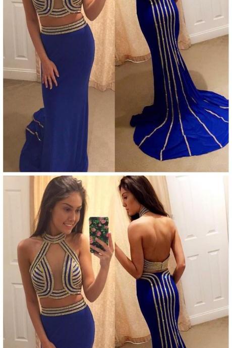 Halter Prom Dress, Two Piece Mermaid Prom Dress, Gold Appliques Long Prom Dresses