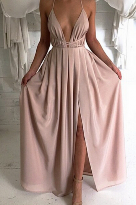 Deep V Neck Long Chiffon Prom Dress With Open Back Blush Pink Evening Dresses For Women Party