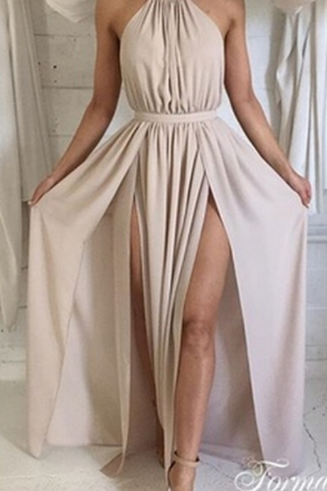 Nude Halter Chiffon Prom Dress Backless Party Dresses For Women