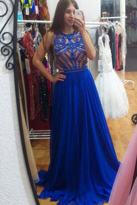 Luxury Sparkle Bling Royal Blue Beads Long Formal Evening Party Gowns