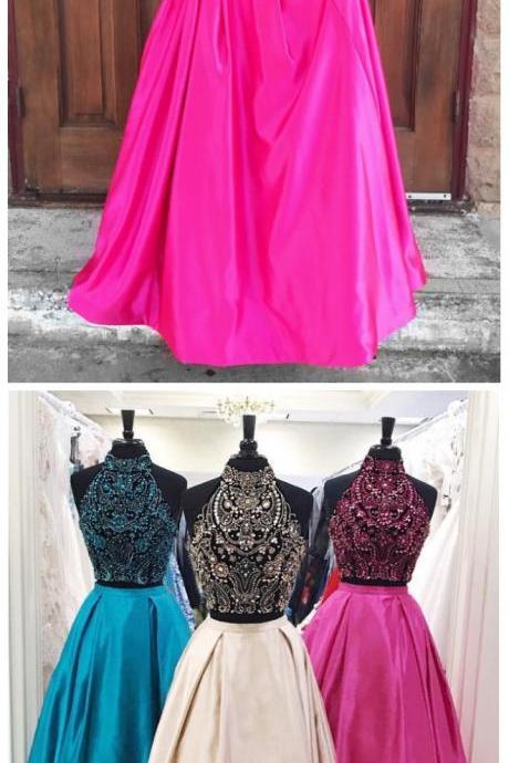 Beads Two Piece Prom Dress, Pink Long Prom Dress Sexy Two Piece Prom Dresses,long Evening Dress,formal Dress,beading Halter Evening Dresses