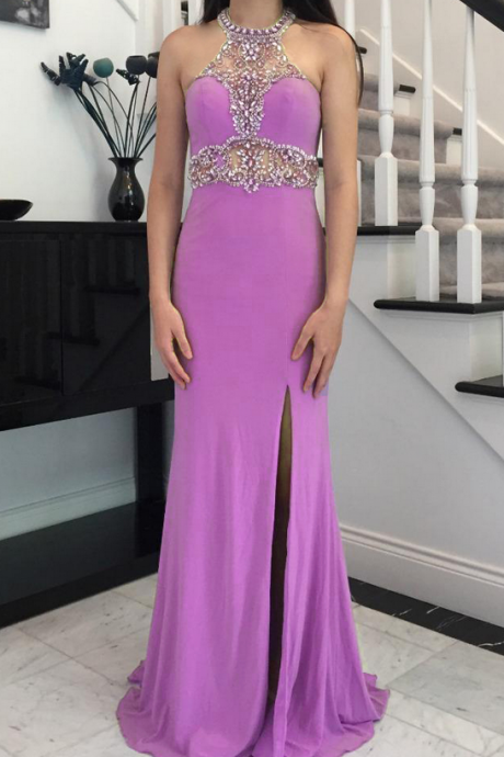 Long Purple Chiffon Formal Dresses Featuring Beaded Bodice With Halter Neckline -- Long Elegant Prom Dress, Sexy Beaded Evening Gown