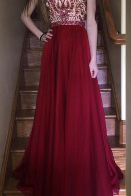 Elegant Long Burgundy Chiffon A Line Prom Gowns With Beaded Bodice , Evening Dresses,