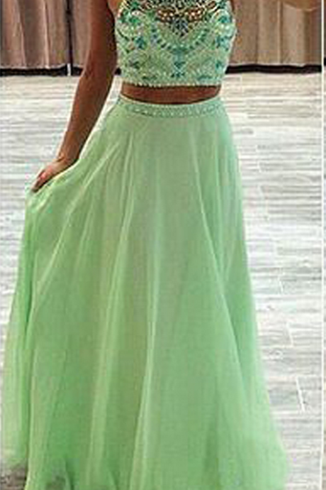 Green Evening Dresses, Two Pieces Evening Gowns, Crystal Prom Dresses, Two Pieces Prom Gowns, Chiffon Women Party Dresses