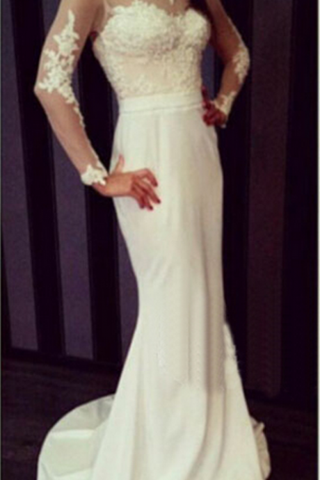 Long Sleeve Boat Neck Lace Beaded Mermaid Ivory Simple Elegant Wedding Dress, Evening Dresses