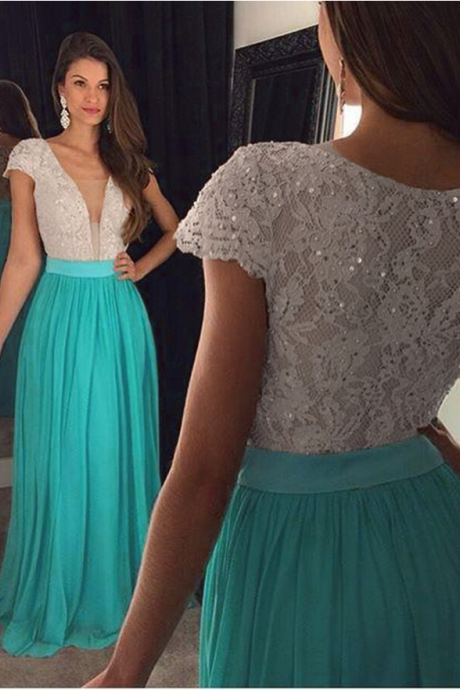 Cap Sleeve Elegant Prom Dress, Lace Beaded Prom Dress, Turquoise Blue Prom Dress, Chiffon Prom Dress, A Line Prom Gowns,