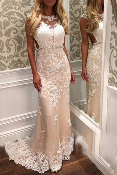 White Lace Evening Dresses, Crystal Belt , Sheer Crew Prom Dress, Mermaid Prom Dress, Fashion Party Dresses