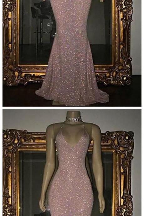 Rose Pink Sequined Evening Gown Long Spaghetti Strap Mermaid Sleeveless Prom Dress