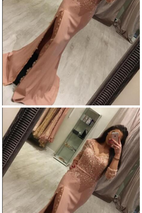 Prom Dresses, Evening Dress, Dusty Pink Evening Dress, Beaded Evening Dress, Mermaid Evening Dress, Long Sleeve Evening Dress,pd1615