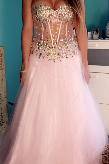 Tulle Crystal Beaded Prom Dress,long Prom Dresses,open Back Evening Dress