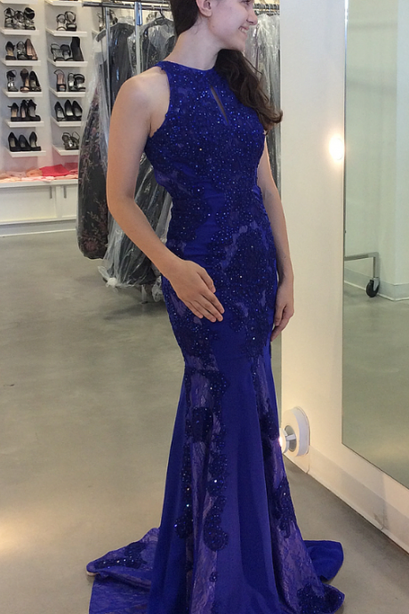 Gorgeous Mermaid Royal Blue Long Prom Dress With Open Back Royal Blue Beading Prom Dresses