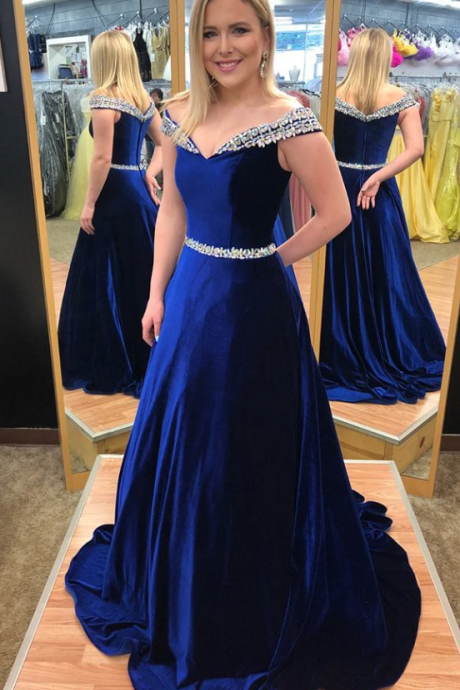 Royal Blue Beaded Prom Dresses Off Shoulder Satin Formal Evening Dresses Zipper Up Formal Gowns , Wedding Party Gowns