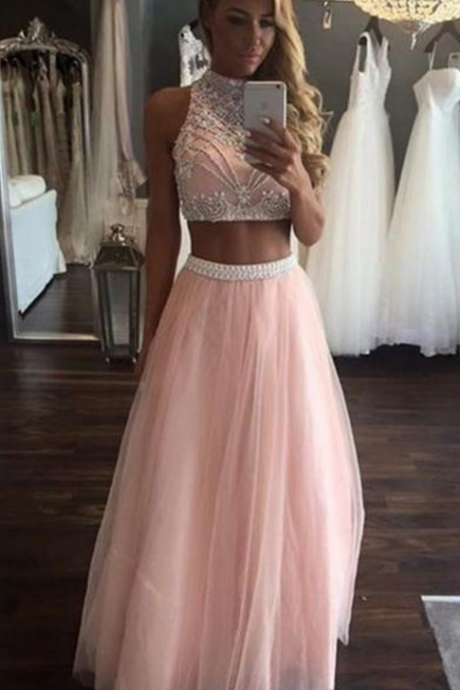 Pink Prom Dress,long Prom Dresses,two Pieces Prom Gowns,modest Evening Dresses,beading Party Dresses,women Dresses,cute Dresses,a-line Tulle