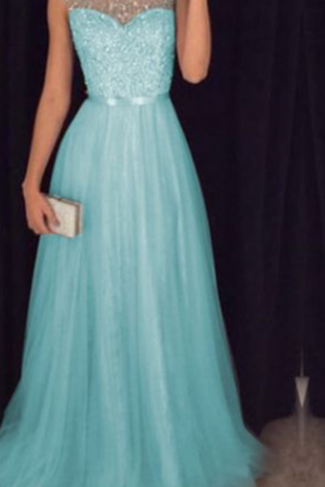 Light Blue Tulle Sequins And Beaded Prom Dresses Sparkle Formal Dresses, Light Blue Prom Dresses