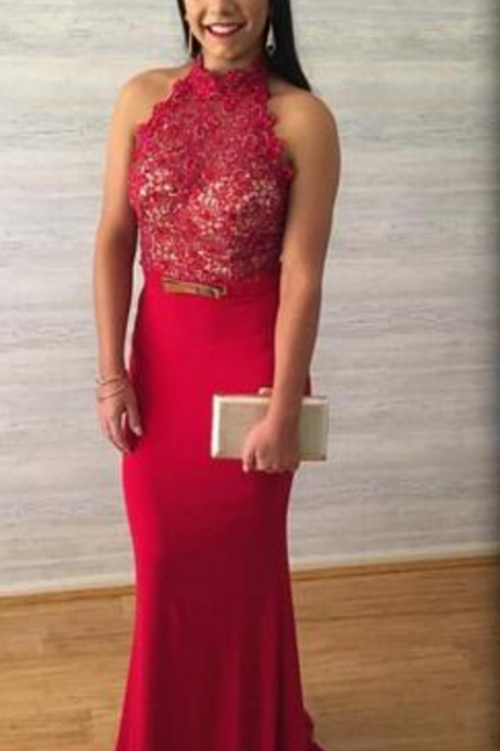 Red Lace Appliques Prom Dresses Halter Sleeveless Hollow Backless With Belt Sheath Evening Gowns