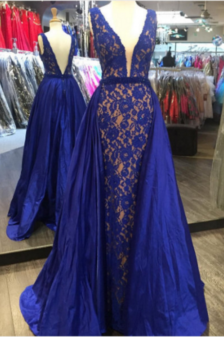 Royal Blue Lace Prom Dress ,mermaid Lace Evening Dress,royal Blue Party Dress With Detachable Skirt