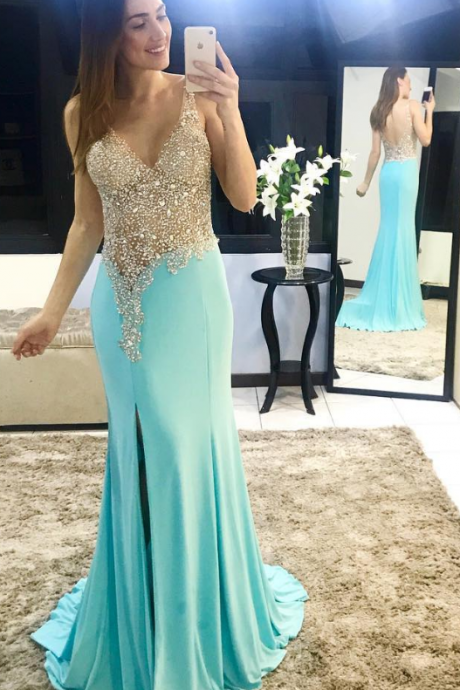 Sparkle Illusion V Neck Prom Dress,mermaid Chiffon Prom Dresses,backless Slit Evening Party Gowns