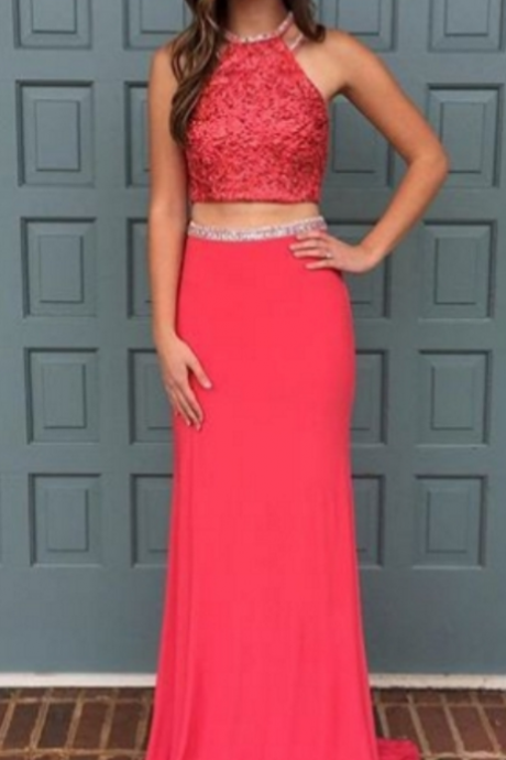 Red Halter Sheath Prom Dress,two Pieces Prom Dresses,stretch Satin Prom Dresses