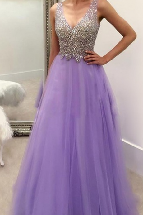 Prom Dresses, V Neck Crystal And Beading Prom Dress,sexy Prom Dresses,tulle Purple Evening Dress,formal Dresses