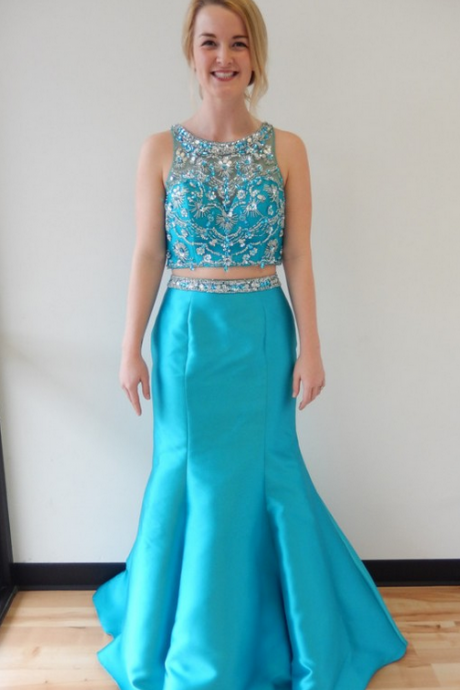 Gergeous Two Piece Prom Dress, Sexy Blue Prom Dresses, Long Evening Dress