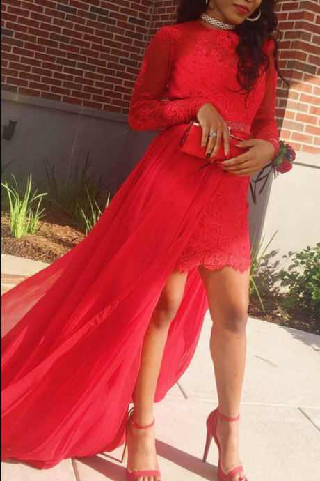 Long Sleeve Red Prom Dress, Appliques Prom Dresses With Detachable Skirt, Lace Evening Dress