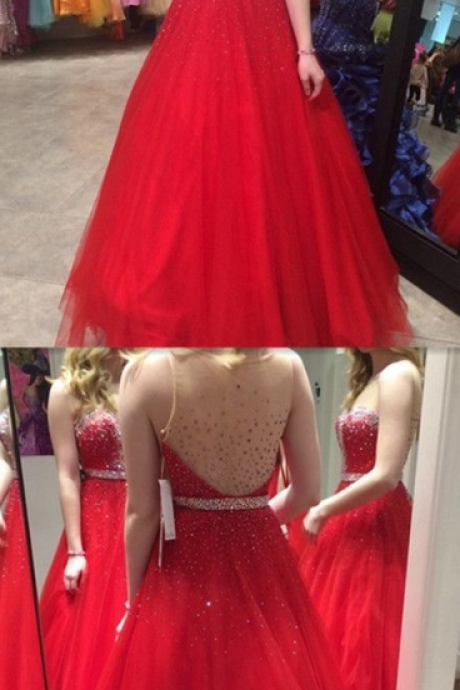 Charming Tulle Prom Dress, Elegant Red Prom Dresses, Long Evening Dress