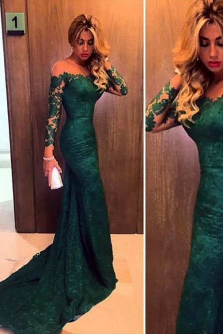 Formal Dresses Dark Green Evening Gowns Long Sleeves Off The Shoulder Lace Elegant Mermaid Prom Dress,girls Party Dress, Sexy Prom