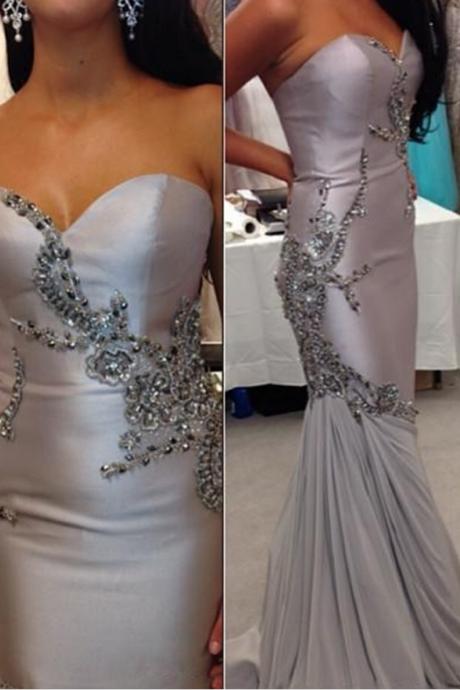 Grey Taffeta Chiffon Prom Dresses Plus Size Mermaid Vestidos De Festa Strapless Crystal Sequins Formal Gowns
