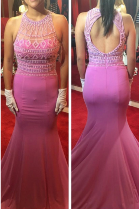 Beaded Pink Sleeveless Mermaid Prom Dress , Formal Gown With Keyhole Open Back Celebrity Dresses
