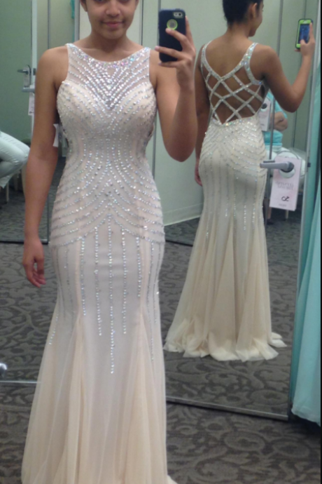 Beaded Sleeveless Prom Dresses,mermaid Prom Dress, Formal Gown ,white Evening Dress Prom Gown Evening Dress With Open Back