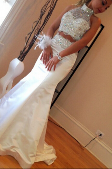Charming Prom Dress,beading Prom Dress,mermaid Prom Dress,2 Pieces Prom Dress,high Neck Prom Dress
