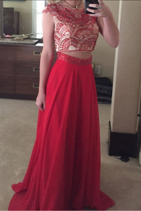 Red Two Pieces Prom Dress,chiffon Prom Dress,long Prom Dresses