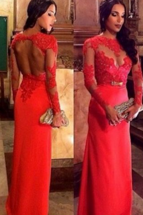 Sexy Orange Red Long Sleeves Lace Evening Dress,open Back Long Sleeves Prom Dress