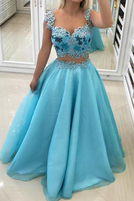 Charming Blue Two Pieces Beaded Ball Gown Prom Dress,long Evening Dress,long Prom Dresses,prom Dresses