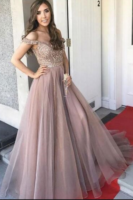 Luxurious Prom Dress,beading Prom Dress,off The Shoulder Prom Dress,tulle Prom Dress,long Prom Dresses With Rhinestone