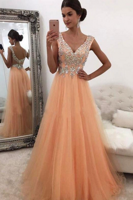 Charming Sexy Orange Prom Dresses,v-neck Prom Dresses,a-line Beading Prom Dress,prom Dresses For Teens,long Prom Dresses,party Dresses,modeat