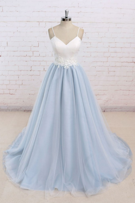 Baby Blue Sweet A Line Spaghetti Strap Long Simple Flower Lace Prom Dress,prom Gowns, Formal Women Dress, Evening Gowns