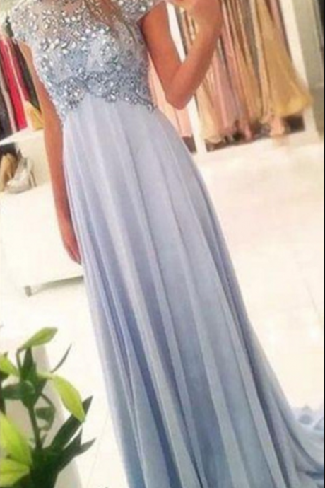 Chiffon Round Prom Dress,customized Short Sleeves Prom Dresses,floor-length Zipper Beading A-line Evening Dress